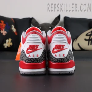 Back view of Air Jordan 3 Retro “Fire Red” 2022 showing dual Nike Air heel tabs.