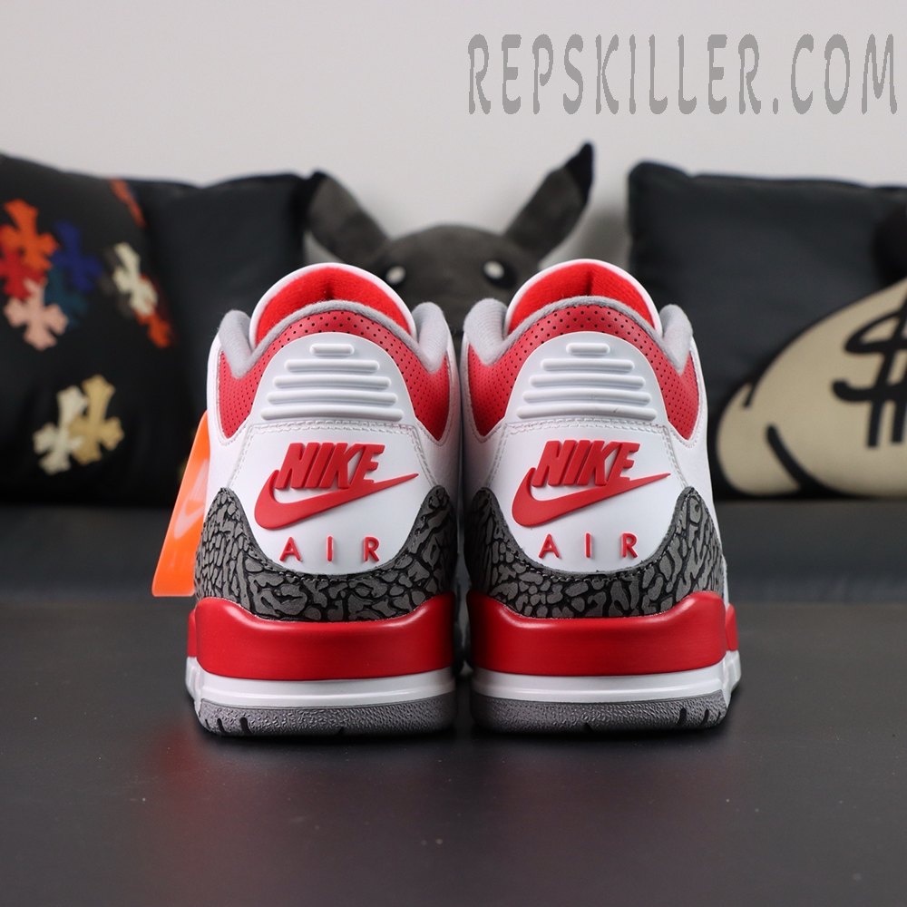 Back view of Air Jordan 3 Retro “Fire Red” 2022 showing dual Nike Air heel tabs.