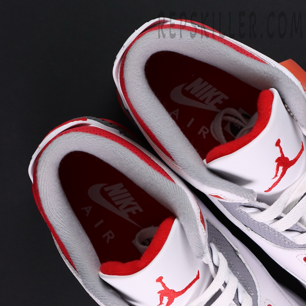 Top view of Air Jordan 3 “Fire Red” 2022 showing red inner lining and Nike Air insoles.