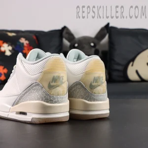 Rear angled view of Air Jordan 3 “Ivory” highlighting vintage midsole tint and textured overlays.