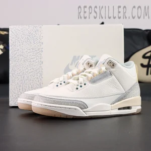 Air Jordan 3 SE Craft “Ivory” sneakers with special box in background, featuring soft white and grey tones.