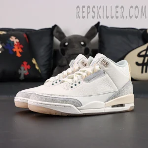 Angled front view of Air Jordan 3 Retro SE Craft “Ivory” showing ivory and light grey contrast tones.