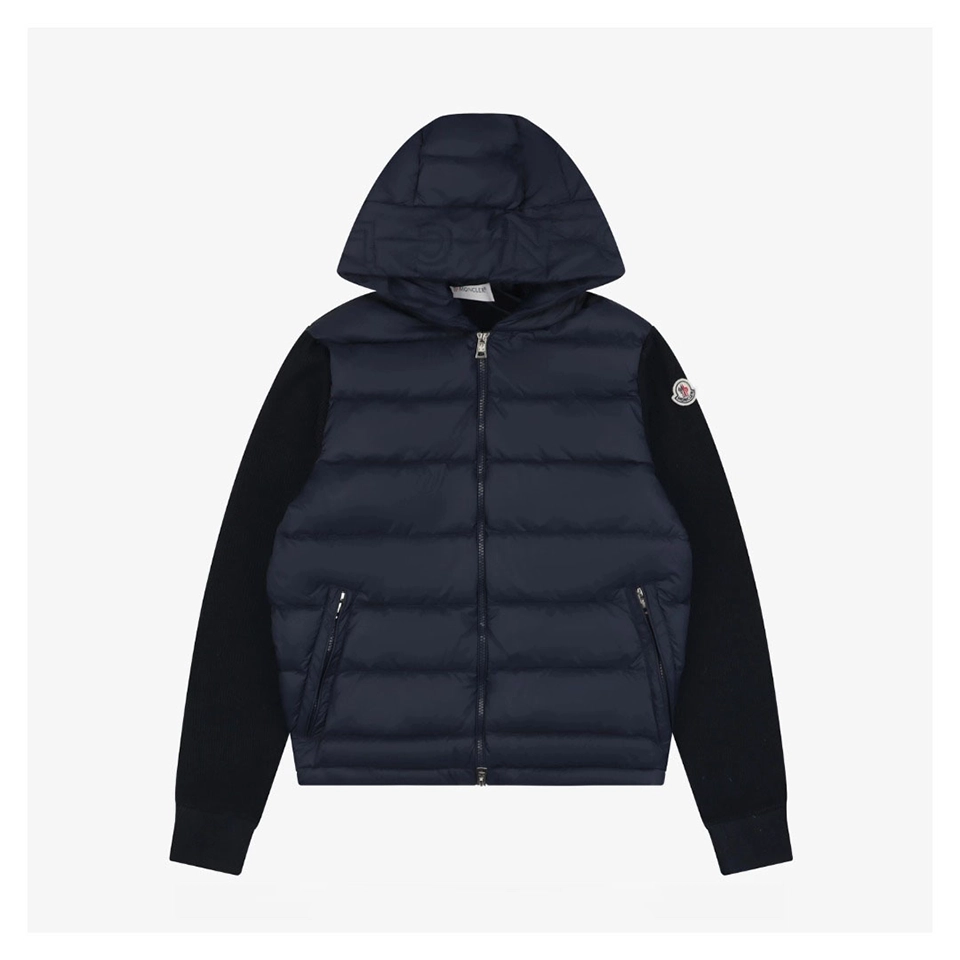 Mxxcler Knit-Sleeve Mixed Media Down Hoodie Jacket Navy Front view
