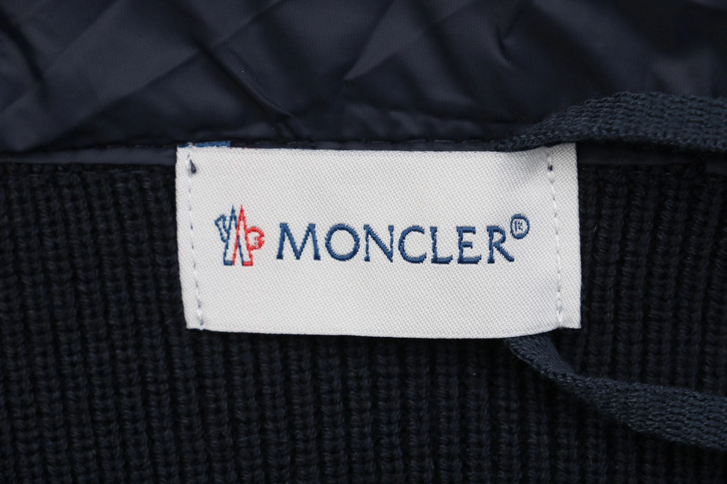 Mxxcler Knit-Sleeve Mixed Media Down Hoodie Jacket Navy Brand label