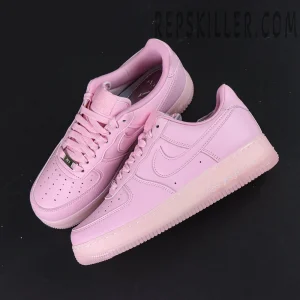Overhead pair of NOCTA x Nike Air Force 1 “Pink Foam” showing full pink color and “Love You Forever” text on midsole.