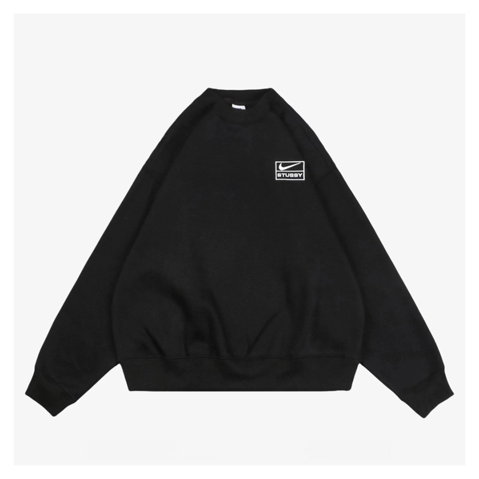 Nike x Stussy Box Logo Embroidered Fleece Crewneck Sweatshirt Black Fornt view