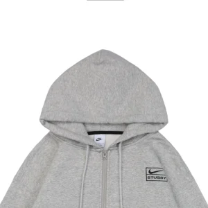 Nike x Stüssy Box Logo Embroidered Fleece-Lined Zip Hoodie Grey