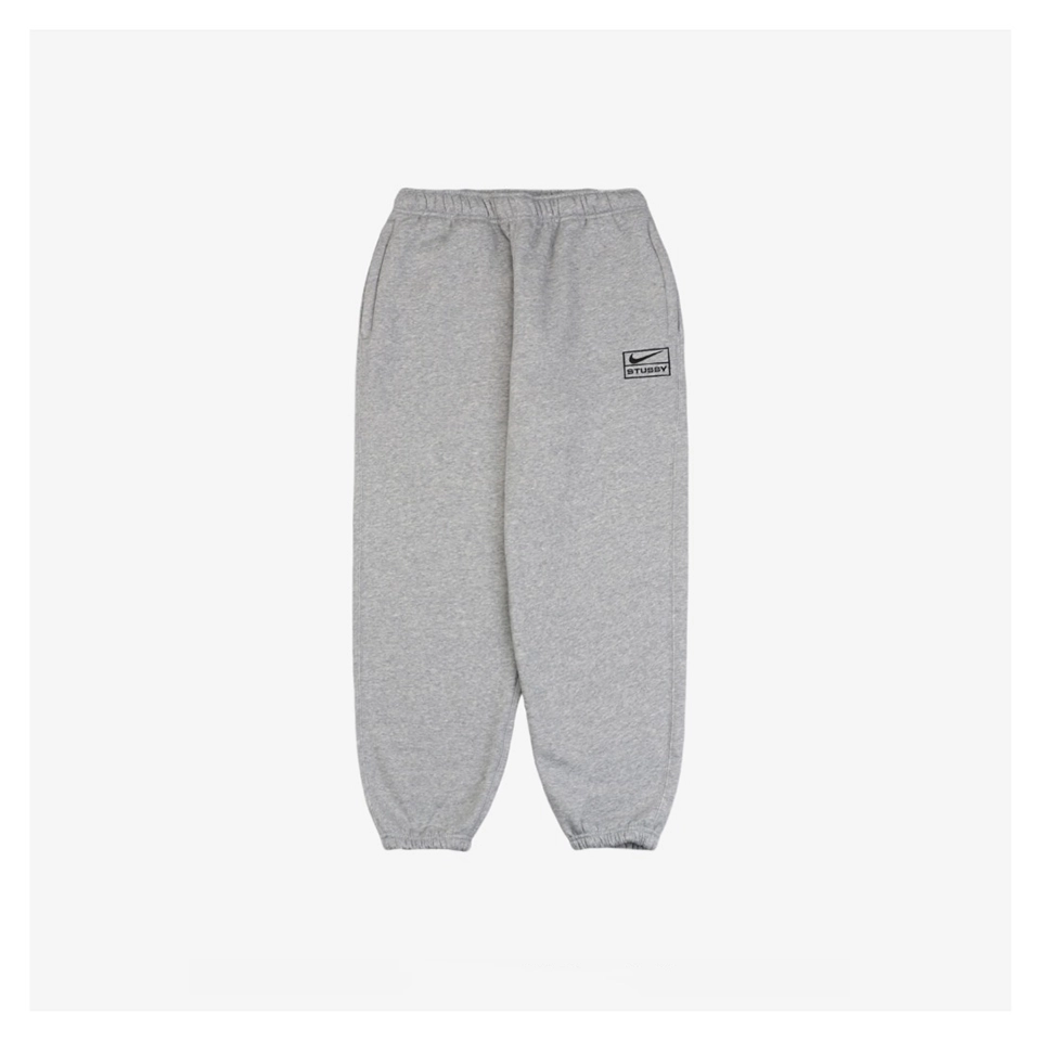 Nike x Stussy Collaborative Box Logo Embroidered Fleece Sweatpants Grey Front view