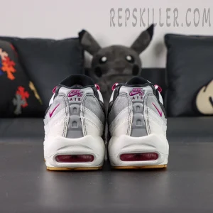 Rear view of Nike SB x Air Max 95 “Cactus Flower” featuring gradient grey upper, pink Air units, and Nike Air heel logo.