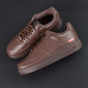 Overhead view of Sup x Air Force 1 Low SP ‘Box Logo - Baroque Brown’ showing symmetrical panel design and red box logo detail