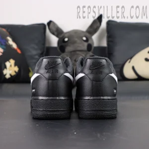 Rear heel view of Supreme x Nike Air Force 1 Low SP ‘Box Logo - Black White’ with embossed Nike Air and tonal stitching