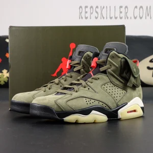 Side view of Travis Scott x Air Jordan 6 “Olive” with original Jumpman box in the background.