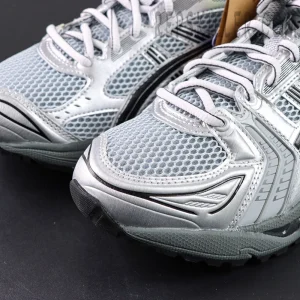 Close-up of Urban Research x ASICS Gel-Kayano 14 “Pure Silver Black” toe box highlighting mesh texture and synthetic overlays.