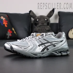 Side profile of Urban Research x ASICS Gel-Kayano 14 “Pure Silver Black” featuring black Asics stripes and silver mesh.