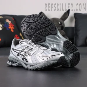 Outsole view of Urban Research x ASICS Gel-Kayano 14 “Pure Silver Black” showing durable black rubber traction.