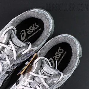 Top view of Urban Research x ASICS Gel-Kayano 14 “Pure Silver Black” showing inner lining and ASICS logo insoles.