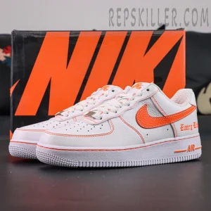 Vlone x NikeLab Air Force 1 ‘White’ shoes with orange Nike box background