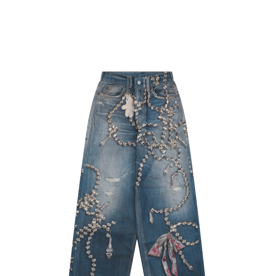 Acne Studios Crystal Bow Trompe-l’Œil Straight-Leg Denim Pants