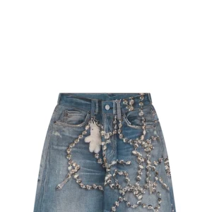 Acne Studios Crystal Bow Trompe-l’Œil Straight-Leg Denim Pants