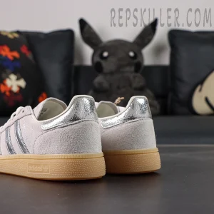 Adidas Handball Spezial Grey Silver Gum heel view showing metallic silver heel tab and suede back panel