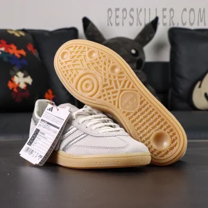 Adidas Handball Spezial Grey Silver Gum with tan gum outsole displayed upward showing circular traction pattern