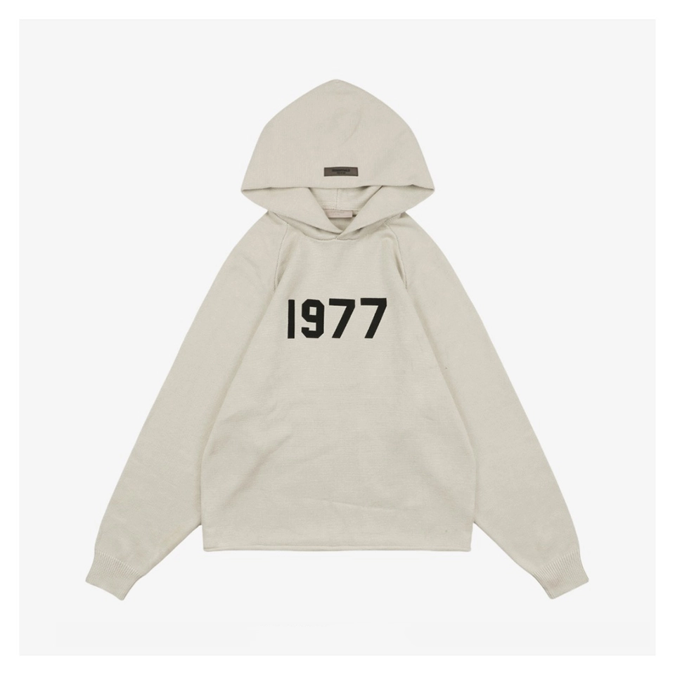 Fear Of God Essentials 1977 Flocked Hoodie Knit Sweater Beige Front view