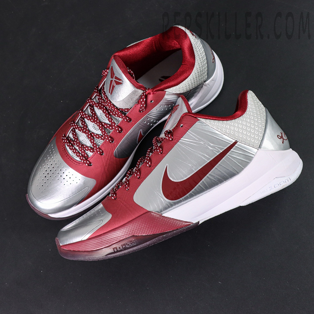 Kobe 5 Protro ‘Lower Merion Aces’ shoes top view with metallic silver and maroon panels.