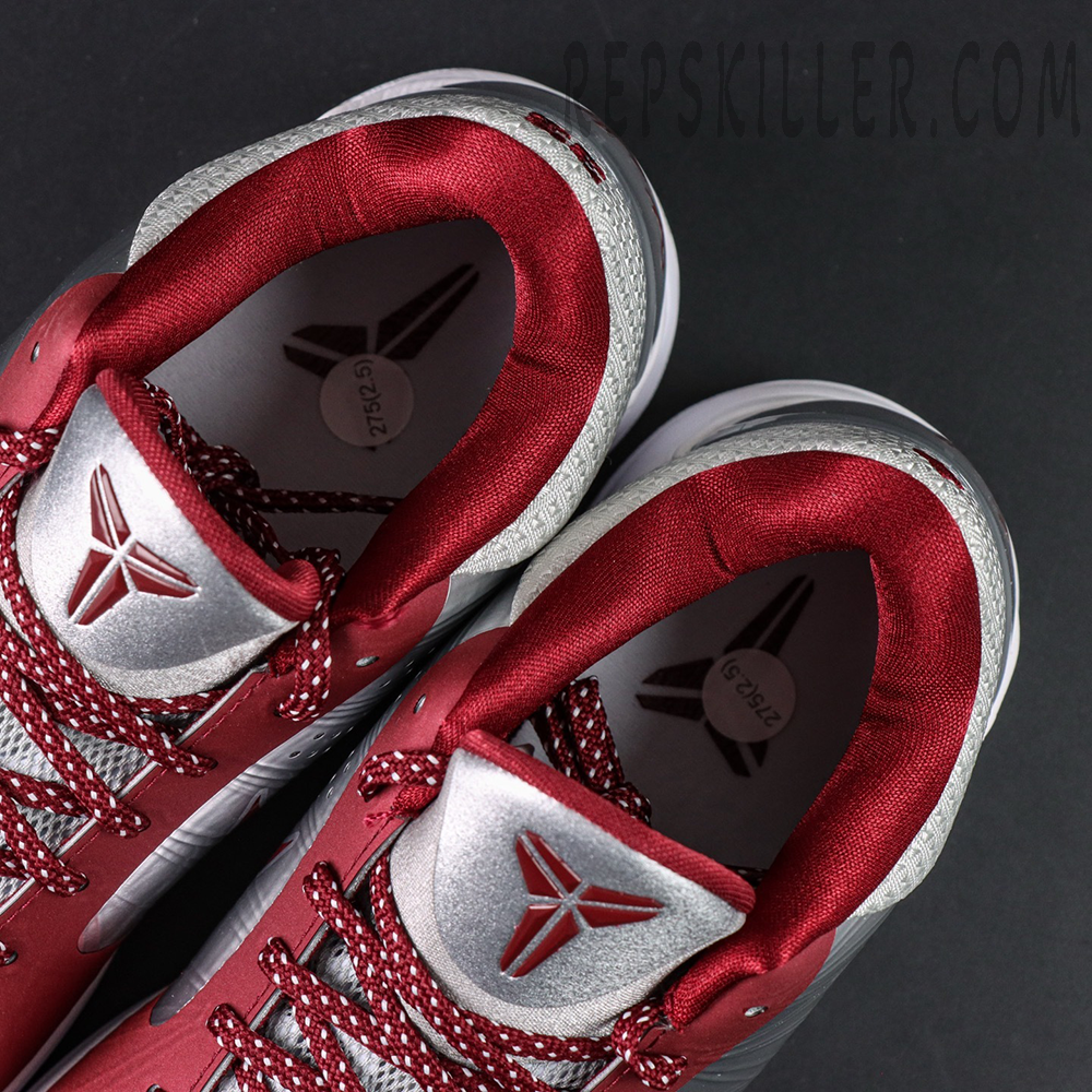 Inner lining and tongue top view of Kobe 5 Protro ‘Lower Merion Aces’ in red and silver.