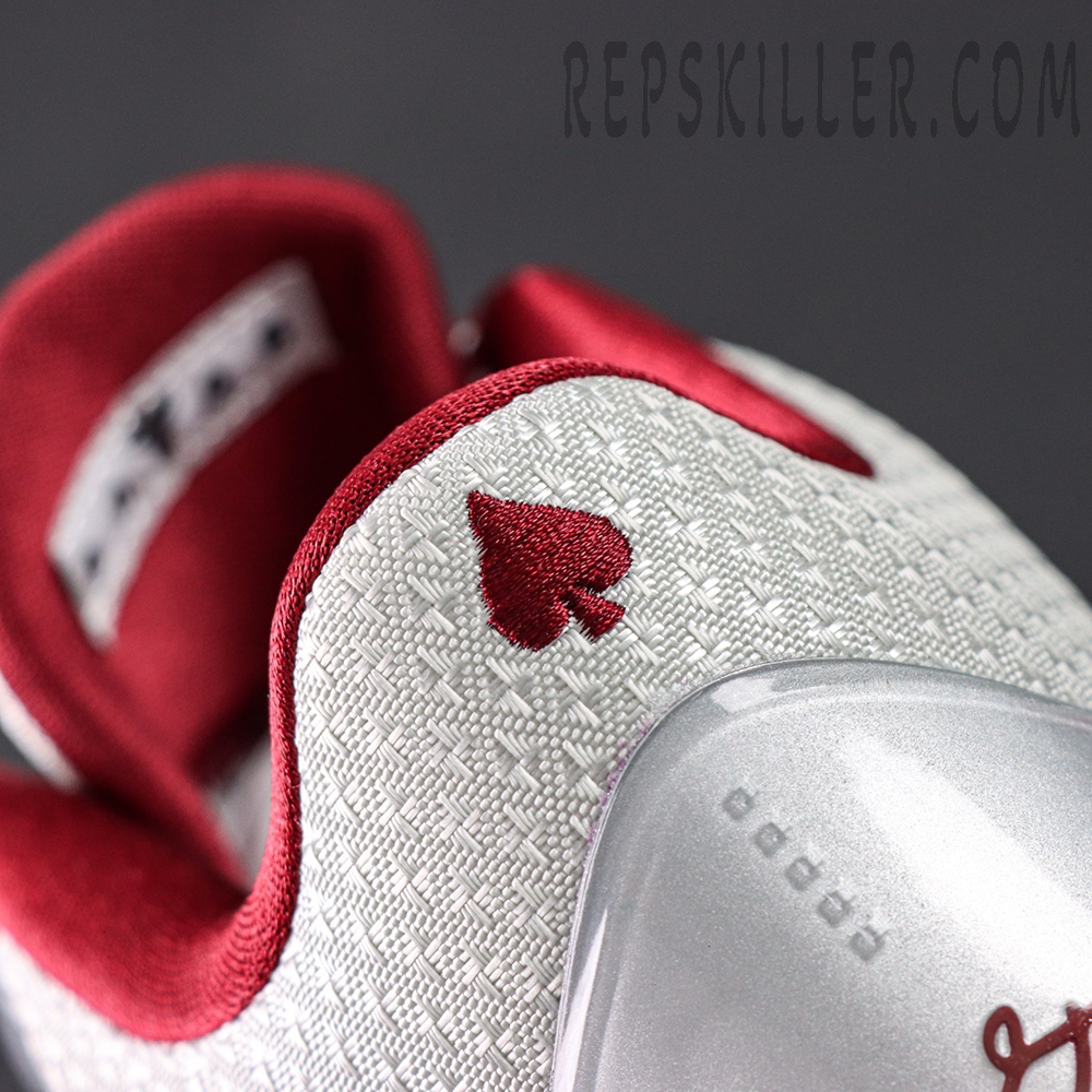Close-up of Kobe 5 Protro ‘Lower Merion Aces’ heel with red spade embroidery