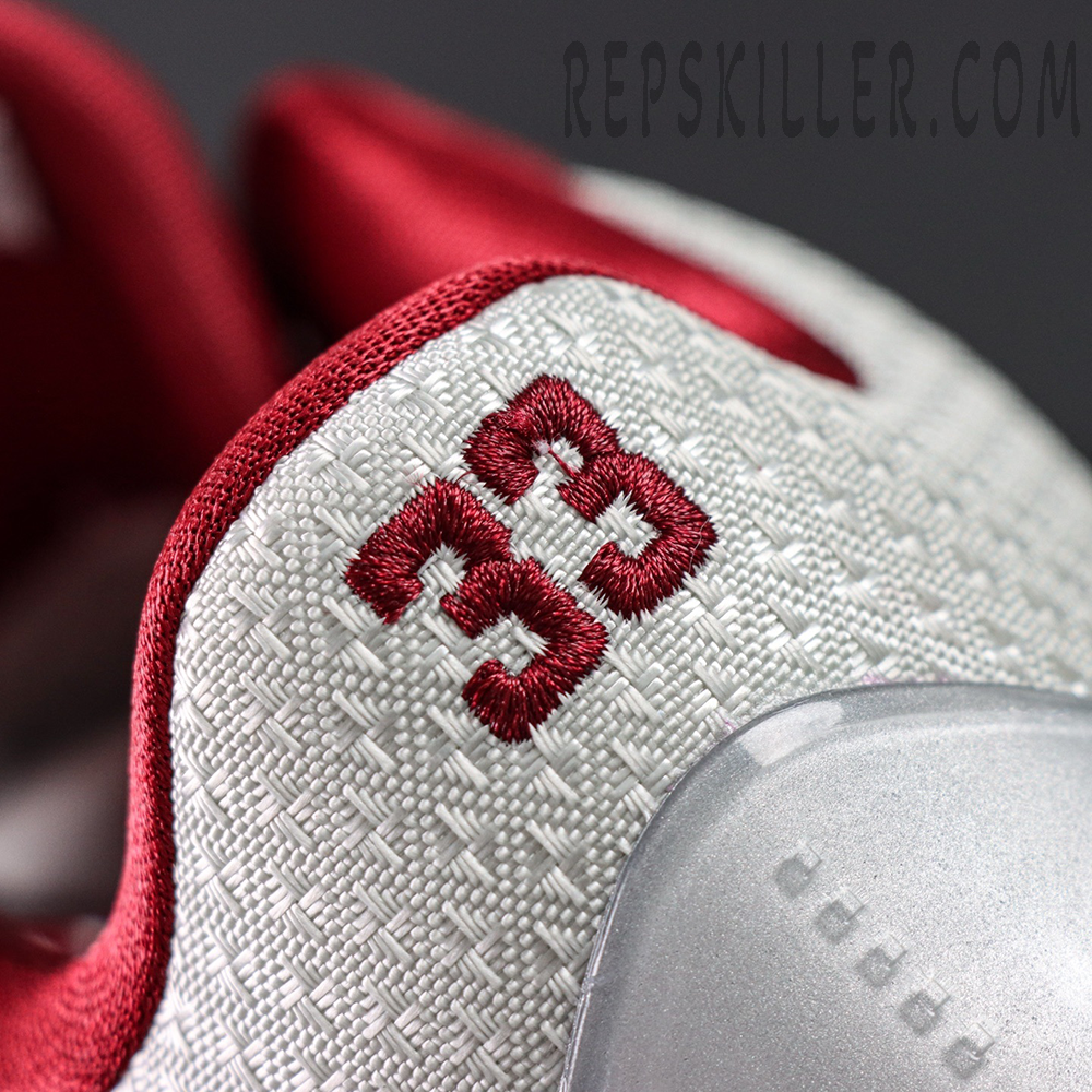 Close-up of embroidered number 33 on Kobe 5 Protro ‘Lower Merion Aces’ heel