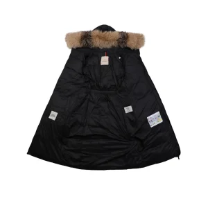 Mxxcler Boedic Belted Fur-Trim Hooded Long Down Jacket Black Lining