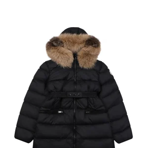 Mxxcler Boedic Belted Fur-Trim Hooded Long Down Jacket Black