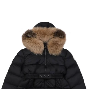 Mxxcler Boedic Belted Fur-Trim Hooded Long Down Jacket Black