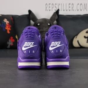 Rear heel view of the Nigel Sylvester x Jordan 4 ‘Brick By Brick’ Purple featuring BIKE AIR branding and purple heel tab.