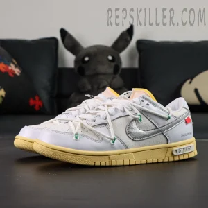 Off-White x Nike Dunk Low Lot 01 of 50 front-side view with double lace system and creamy midsole