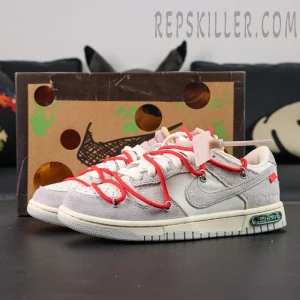 Side view of Off-White x Nike Dunk Low Lot 33 of 50 with red Flywire-style lace overlay and cream leather base.
