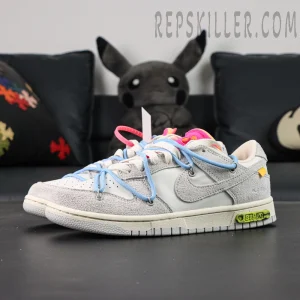 Off-White x Nike Dunk Low Lot 38 of 50 sneakers side view with blue overlace and pink tongue