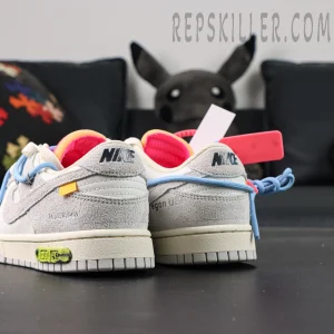 Heel view of Off-White x Nike Dunk Low Lot 38 of 50 featuring suede heel tab and exposed foam collar