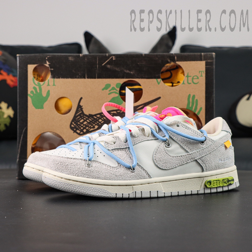 Off-White x Nike Dunk Low Lot 38 of 50 displayed with original box packaging