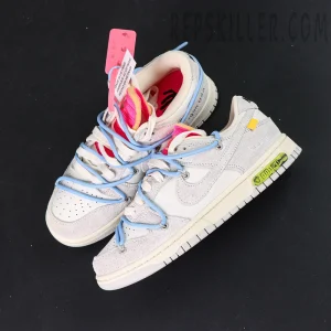 Top view of Off-White x Nike Dunk Low Lot 38 of 50 showing blue secondary lacing system