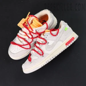 Top-down view of Off-White x Nike Dunk Low Lot 40 of 50 sneakers showing exposed foam tongue and red secondary laces