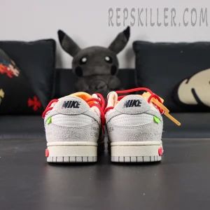 Rear heel view of Off-White x Nike Dunk Low Lot 40 of 50 showing Nike embroidery and suede heel panels