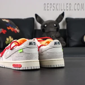 Angled rear-side view of Off-White x Nike Dunk Low Lot 40 of 50 highlighting green tab and lot number plate