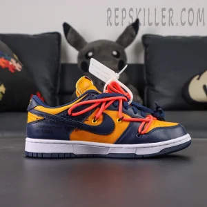 Lateral side profile of Off-White x Nike Dunk Low University Gold with signature orange secondary laces
