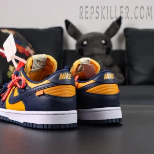 Back view of Off-White x Nike Dunk Low University Gold with both heels side by side