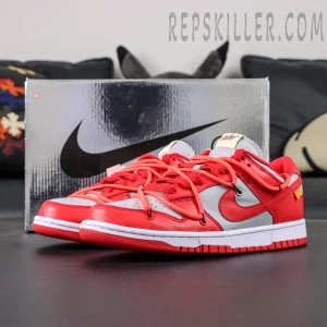 Side view of the Off-White x Dunk Low “University Red” highlighting the red Swoosh, exposed stitching, and printed Off-White text on the lateral panel.