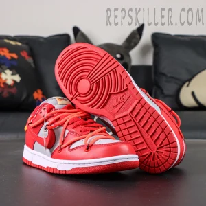 Outsole view of the Off-White x Nike Dunk Low “University Red” displaying the red rubber sole with concentric traction pattern and Nike branding.
