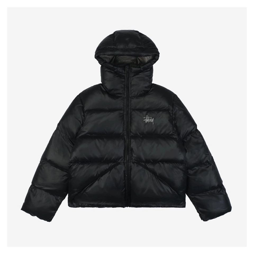 Stussy Classic Logo Hooded Down Jacket – Black/Grey Embroidery Front view