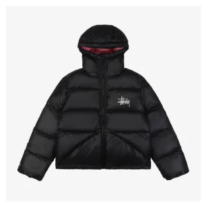 Stussy Classic Logo Hooded Down Jacket – Black/Pink Front view