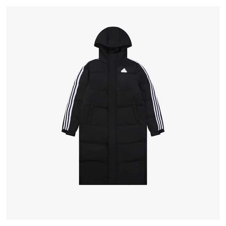 Adidas Three-Stripes Hooded Long Down Jacket Black Front view